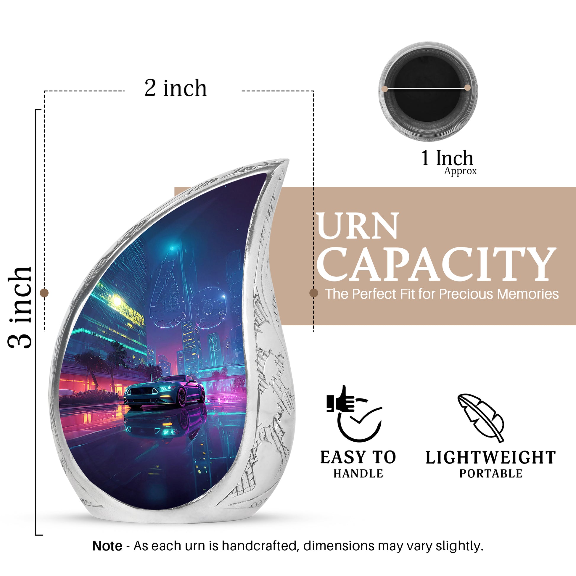 Calming Blue Car Cremation Urn angled view of lid and engraved motif - smooth teardrop contour featuring car art - mini keepsake memorial for portion of cremation ashes