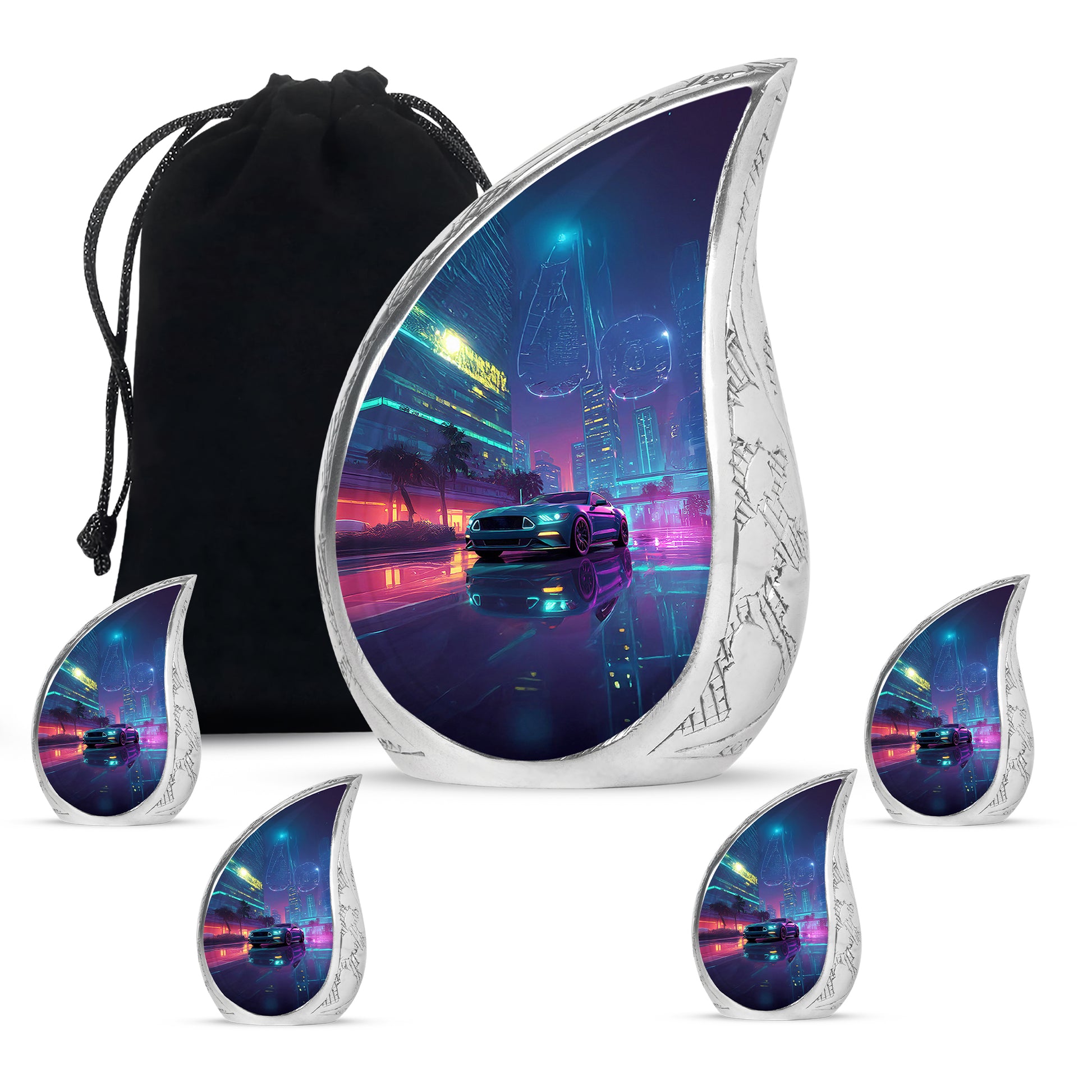 Misty Blue Car Cremation Urn side profile showing urn shape - rounded teardrop car design with delicate detail - memorial set with one large and four small urns