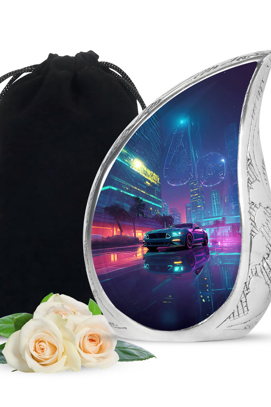 Royal Blue Car Cremation Urn front view showing detailed design - smooth teardrop contour featuring car art - full-size 10 inch 200 cubic inch adult cremation urn