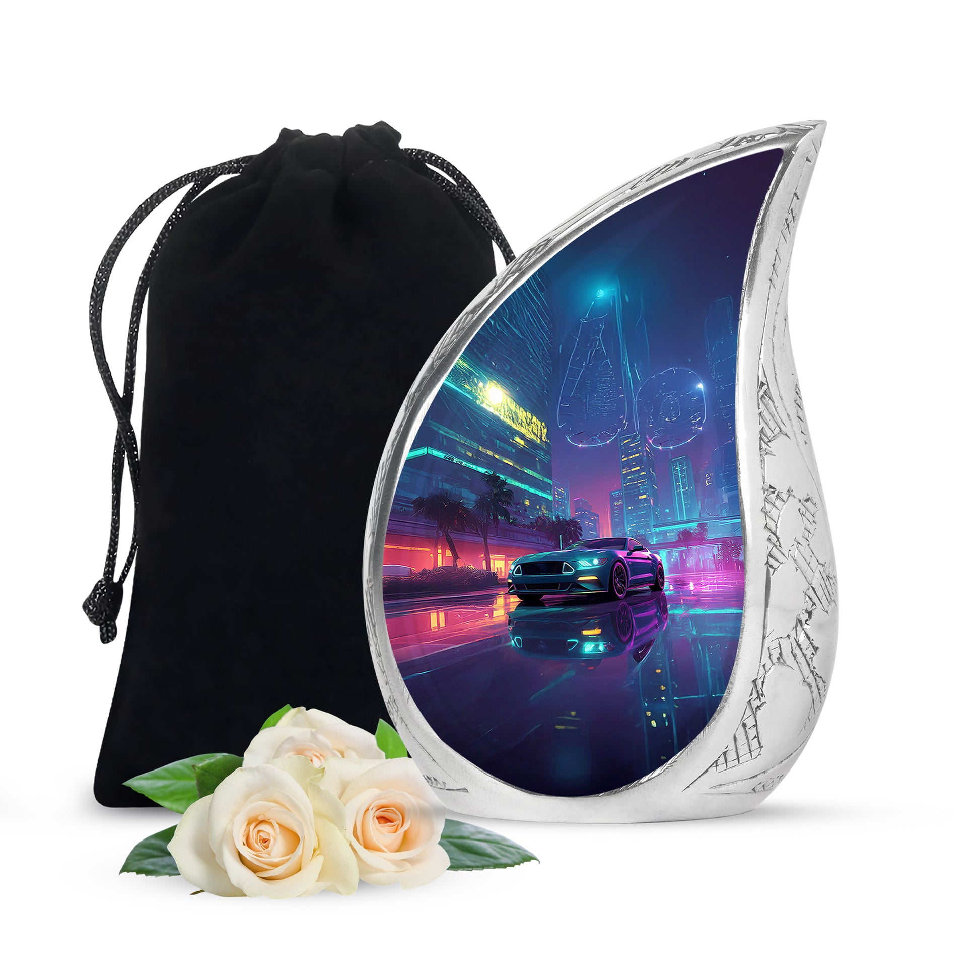 Royal Blue Car Cremation Urn front view showing detailed design - smooth teardrop contour featuring car art - full-size 10 inch 200 cubic inch adult cremation urn