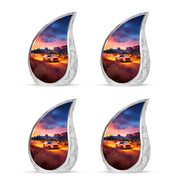 Fiery Red Car Cremation Urn close-up of engraving and surface detail - graceful tear-shaped urn with car motif - 10 inch aluminum urn for cremated remains