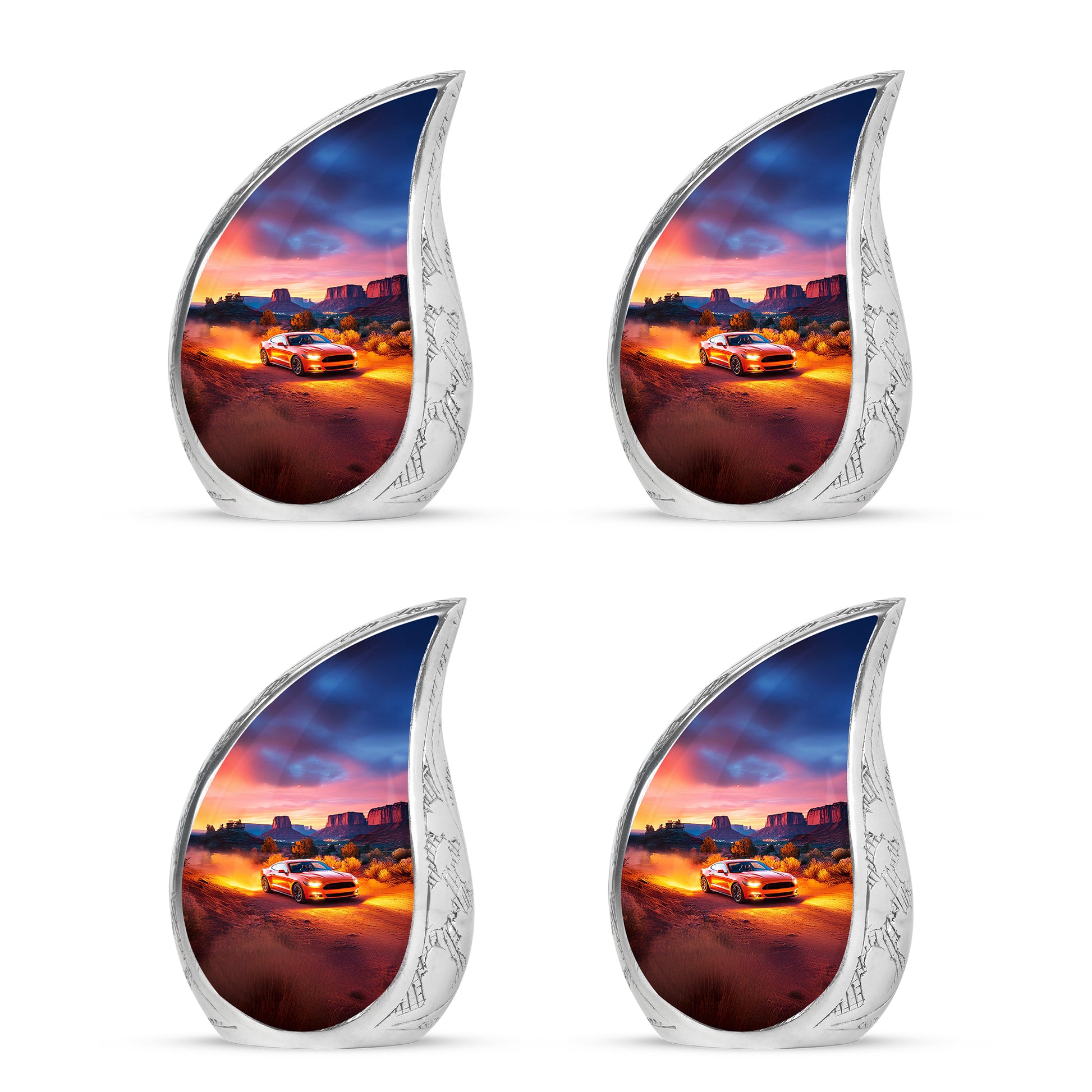 Fiery Red Car Cremation Urn close-up of engraving and surface detail - graceful tear-shaped urn with car motif - 10 inch aluminum urn for cremated remains