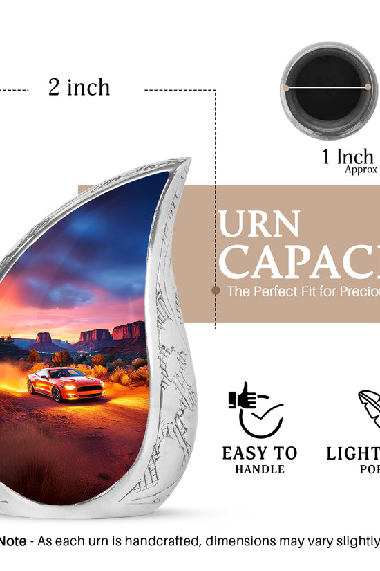 Crimson Red Car Cremation Urn angled view of lid and engraved motif - flowing teardrop car silhouette on curved aluminum - mini keepsake memorial for portion of cremation ashes