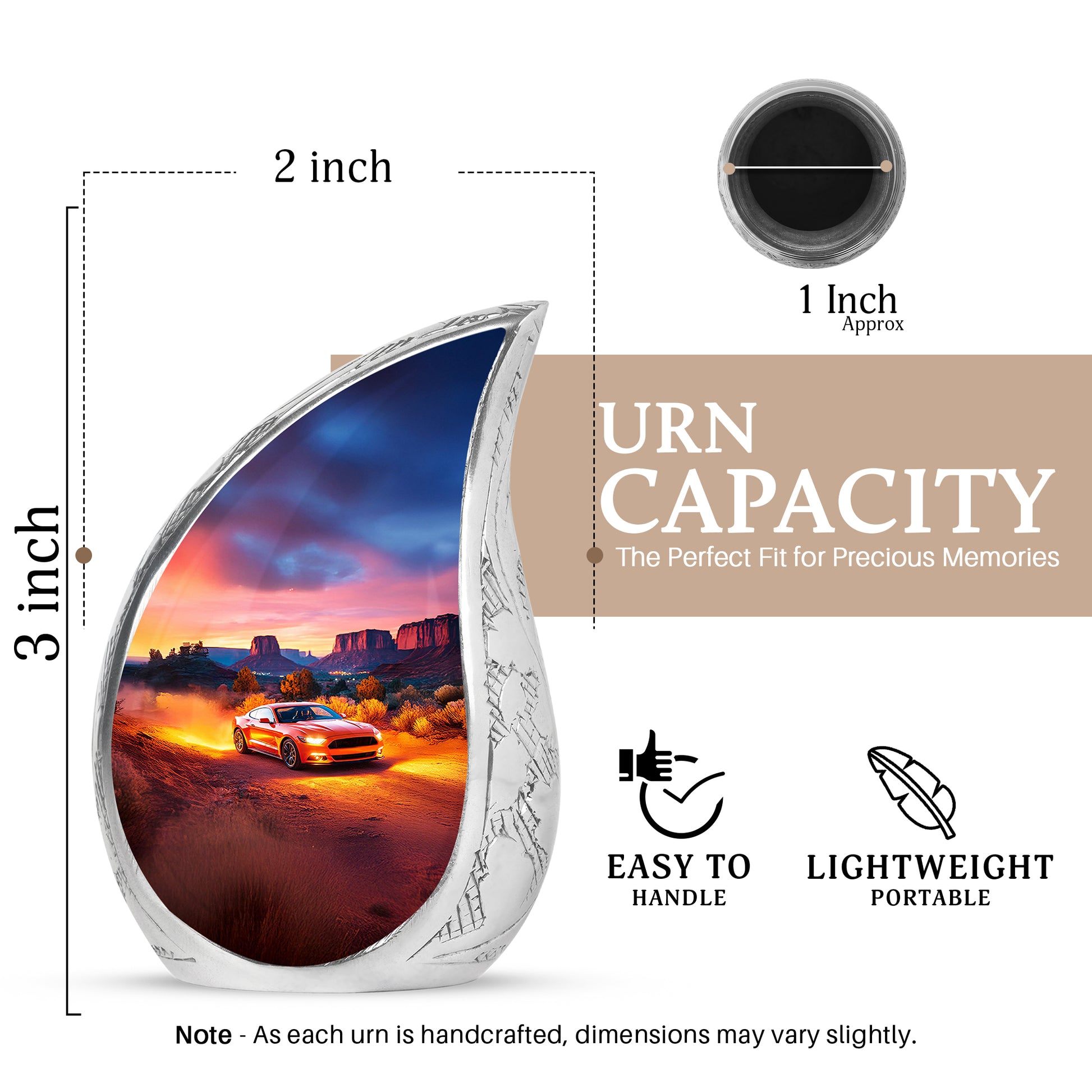 Crimson Red Car Cremation Urn angled view of lid and engraved motif - flowing teardrop car silhouette on curved aluminum - mini keepsake memorial for portion of cremation ashes