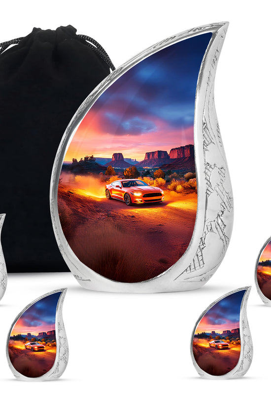 Wine Red Car Cremation Urn side profile showing urn shape - rounded teardrop car design with delicate detail - memorial set with one large and four small urns