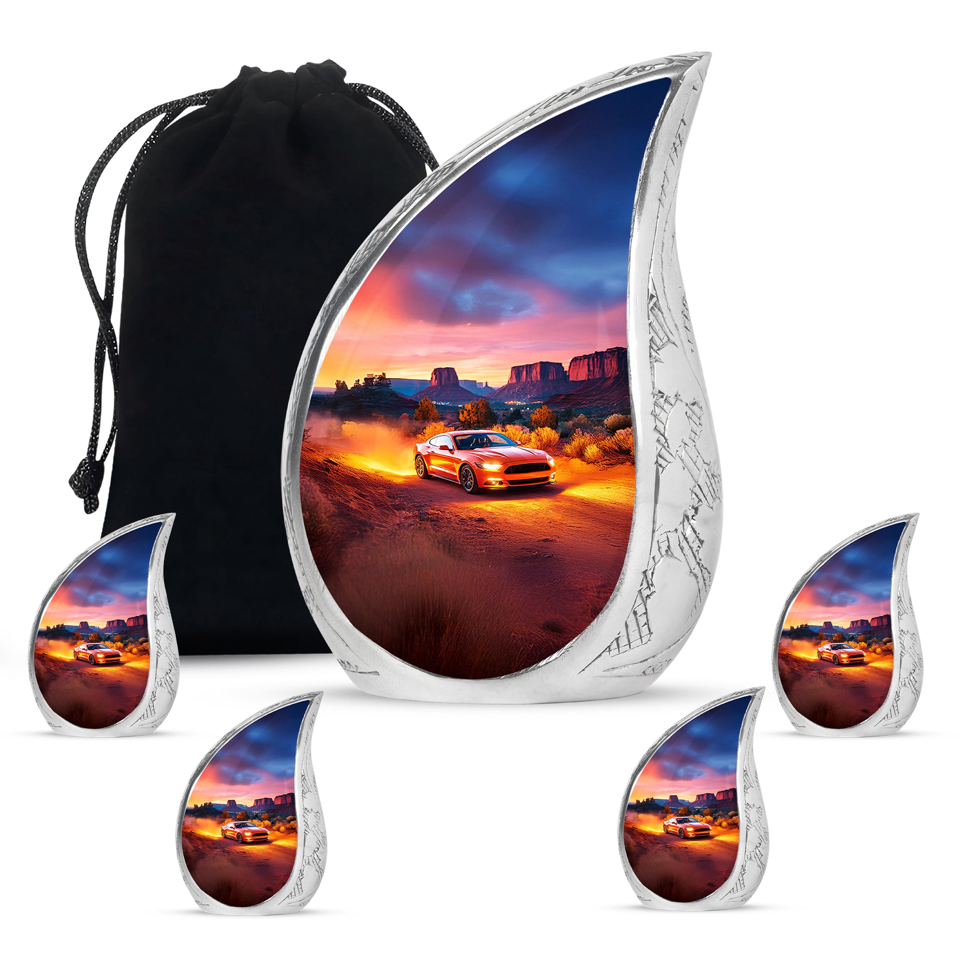 Wine Red Car Cremation Urn side profile showing urn shape - rounded teardrop car design with delicate detail - memorial set with one large and four small urns