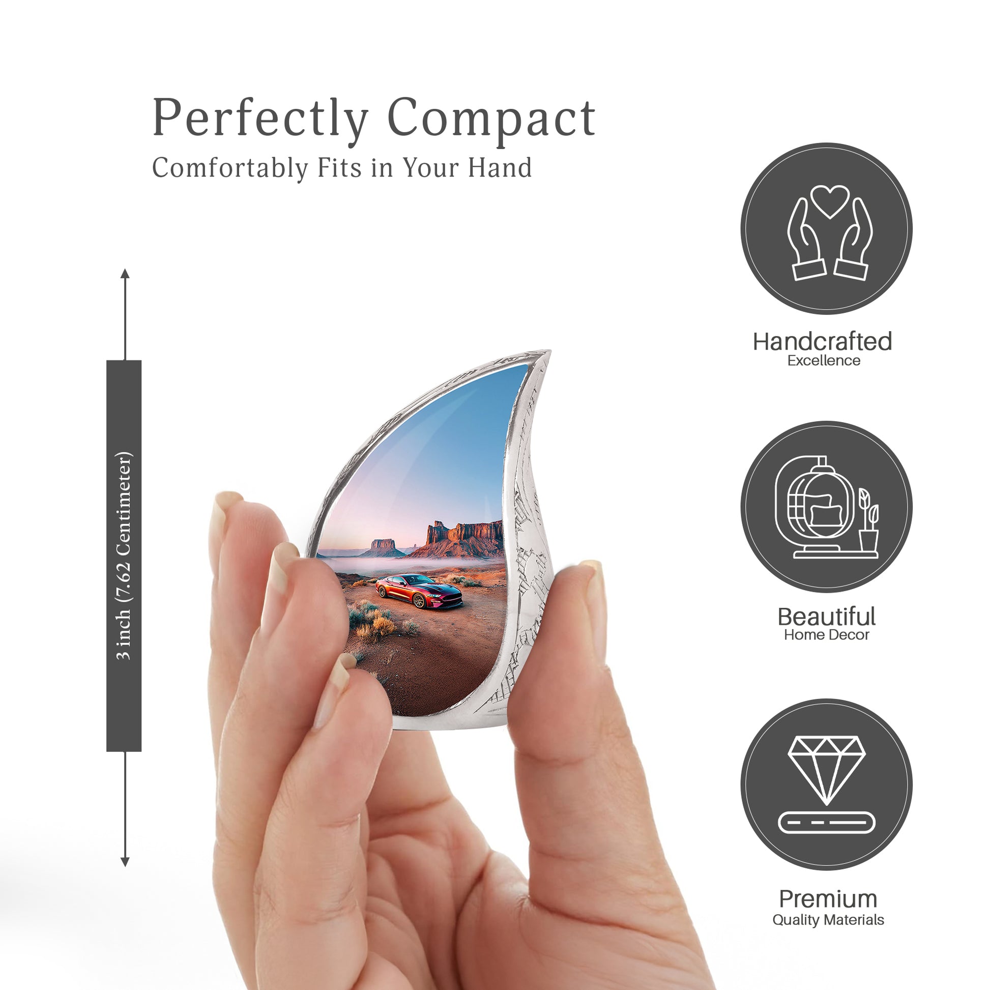 Frosted Silver Car Cremation Urn angled view of lid and engraved motif - smooth teardrop contour featuring car art - mini keepsake memorial for portion of cremation ashes