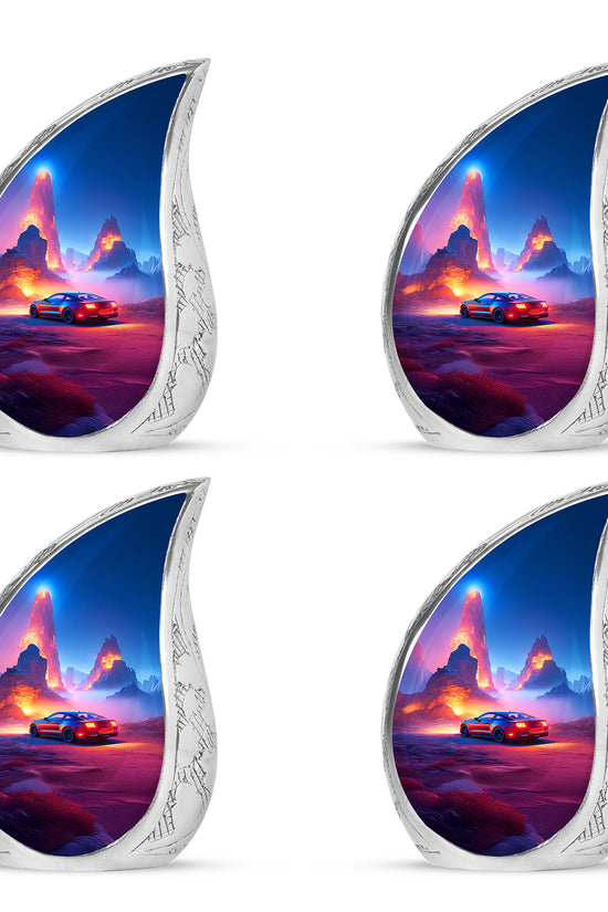 Pastel Blue Car Cremation Urn close-up of engraving and surface detail - flowing teardrop car silhouette on curved aluminum - 10 inch aluminum urn for cremated remains