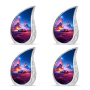 Pastel Blue Car Cremation Urn close-up of engraving and surface detail - flowing teardrop car silhouette on curved aluminum - 10 inch aluminum urn for cremated remains