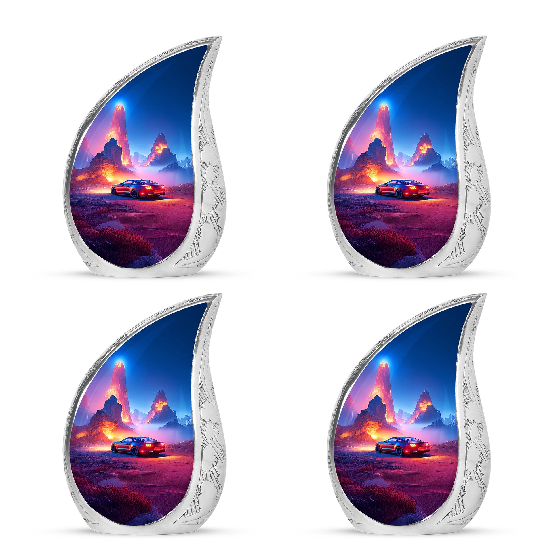 Pastel Blue Car Cremation Urn close-up of engraving and surface detail - flowing teardrop car silhouette on curved aluminum - 10 inch aluminum urn for cremated remains