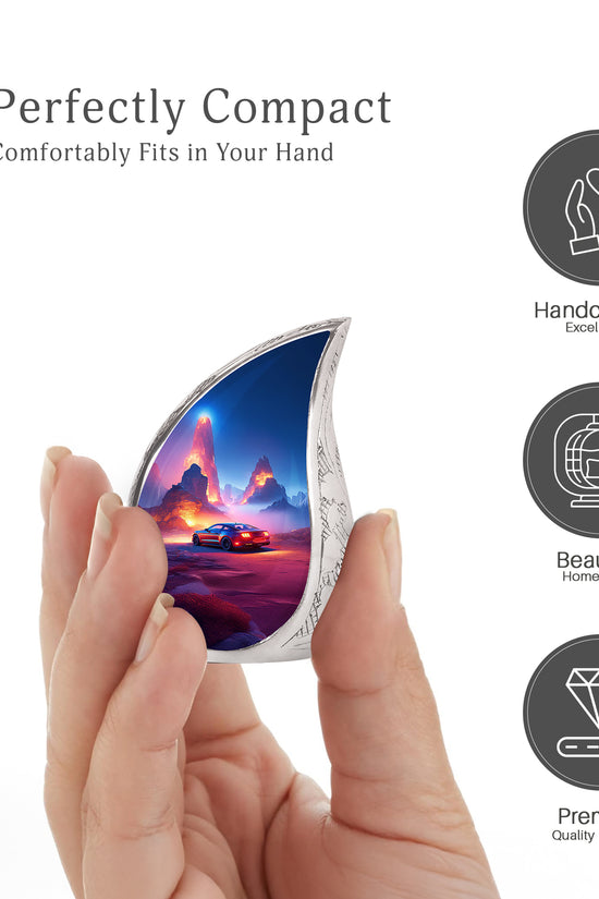 Cornflower Blue Car Cremation Urn angled view of lid and engraved motif - smooth teardrop contour featuring car art - mini keepsake memorial for portion of cremation ashes