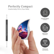 Cornflower Blue Car Cremation Urn angled view of lid and engraved motif - smooth teardrop contour featuring car art - mini keepsake memorial for portion of cremation ashes