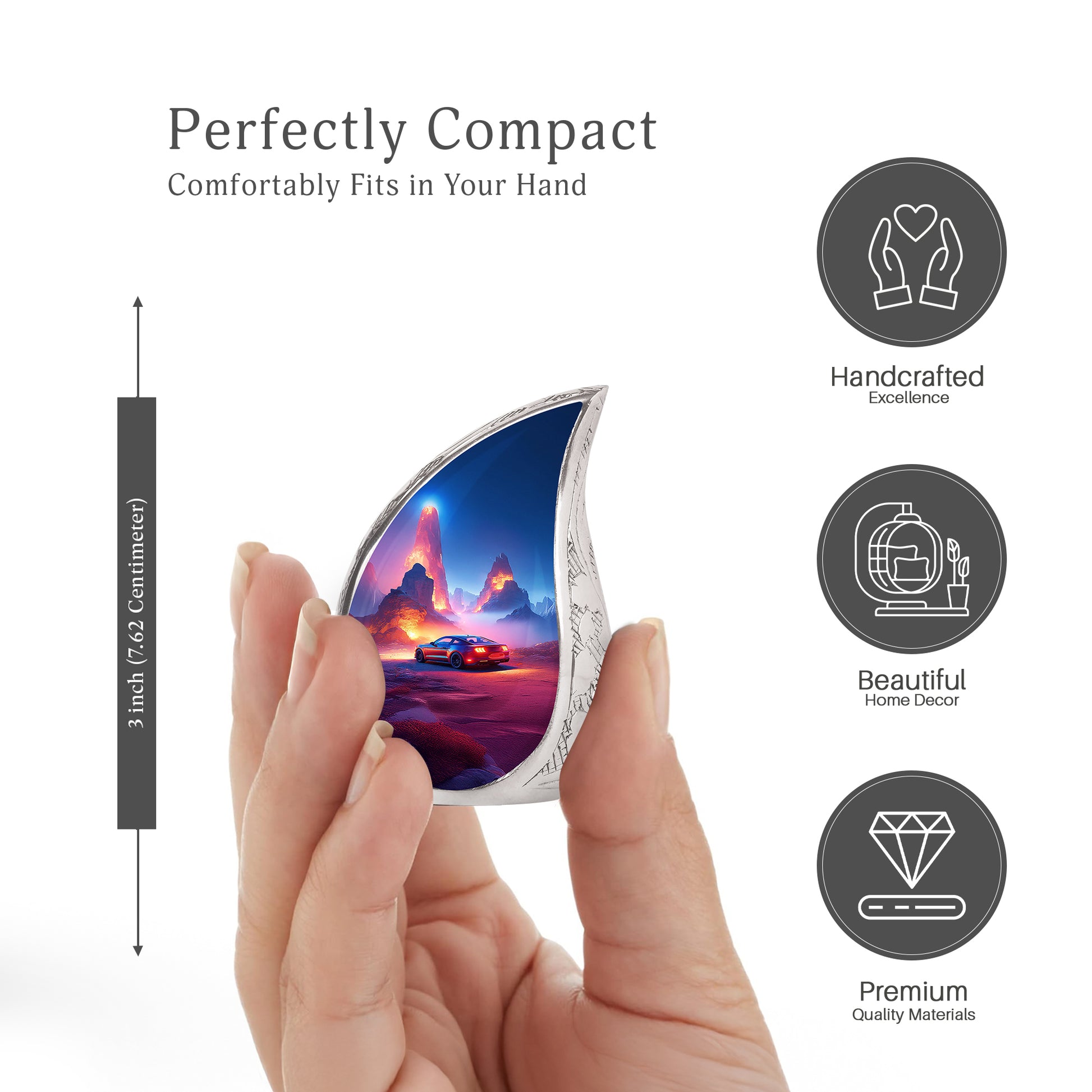 Cornflower Blue Car Cremation Urn angled view of lid and engraved motif - smooth teardrop contour featuring car art - mini keepsake memorial for portion of cremation ashes