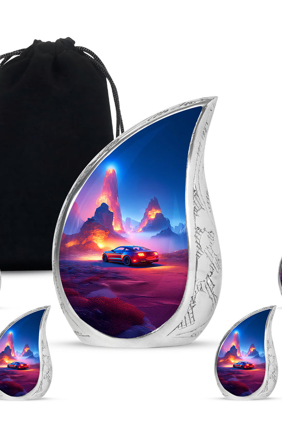 Navy Blue Car Cremation Urn side profile showing urn shape - rounded teardrop car design with delicate detail - memorial set with one large and four small urns