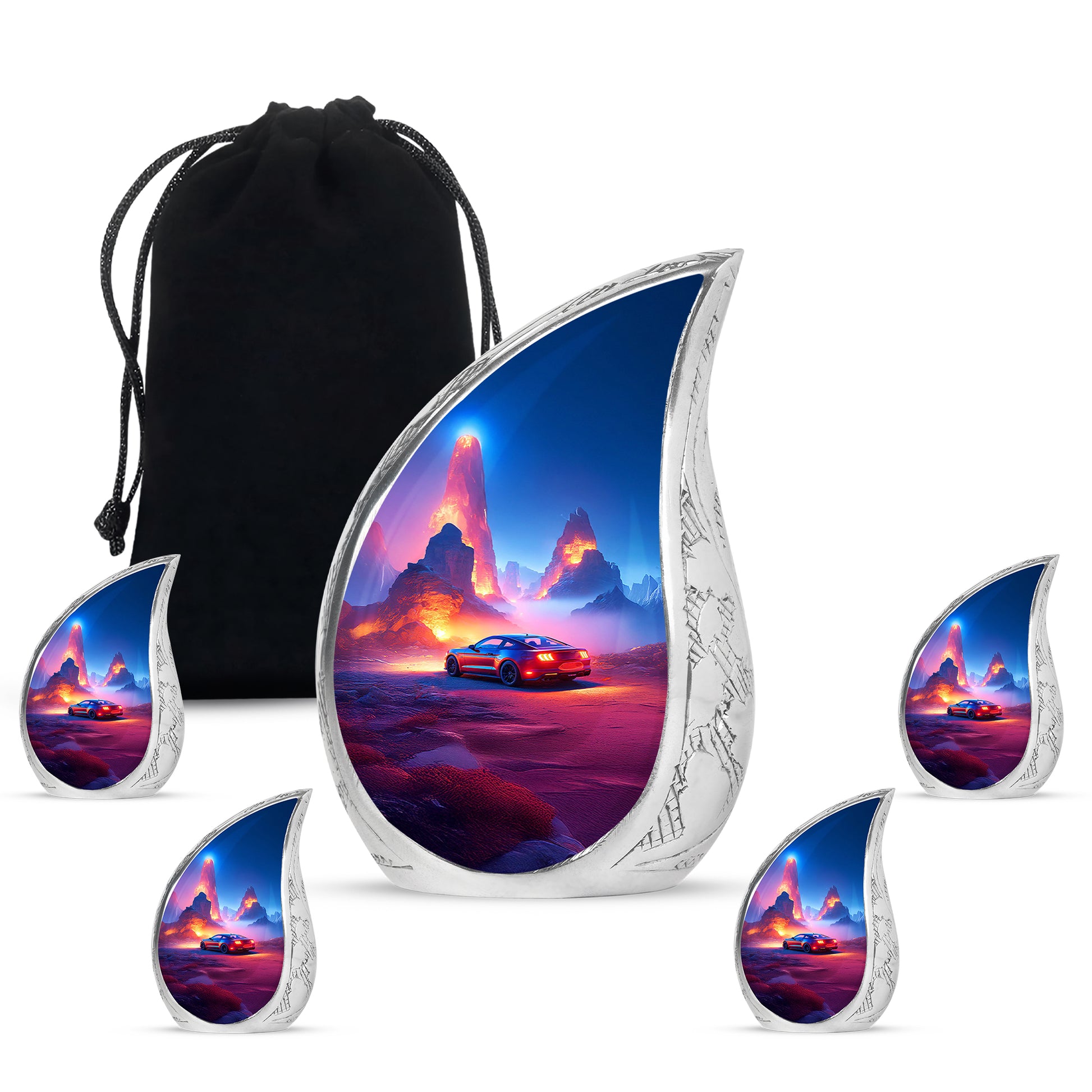 Navy Blue Car Cremation Urn side profile showing urn shape - rounded teardrop car design with delicate detail - memorial set with one large and four small urns
