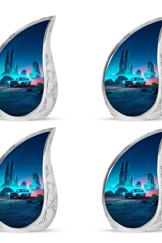 Sky Blue Car Cremation Urn close-up of engraving and surface detail - rounded teardrop car design with delicate detail - 10 inch aluminum urn for cremated remains