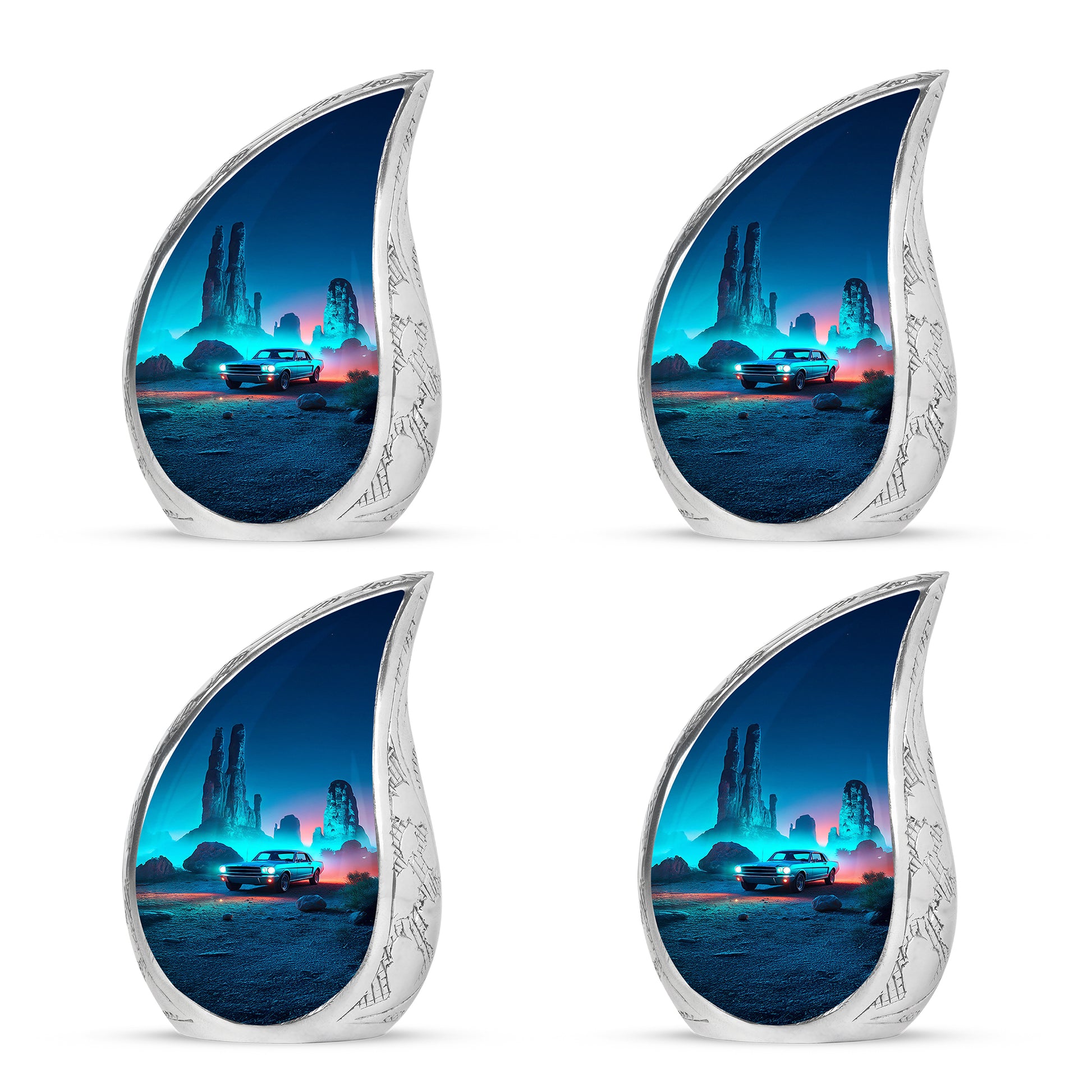 Sky Blue Car Cremation Urn close-up of engraving and surface detail - rounded teardrop car design with delicate detail - 10 inch aluminum urn for cremated remains