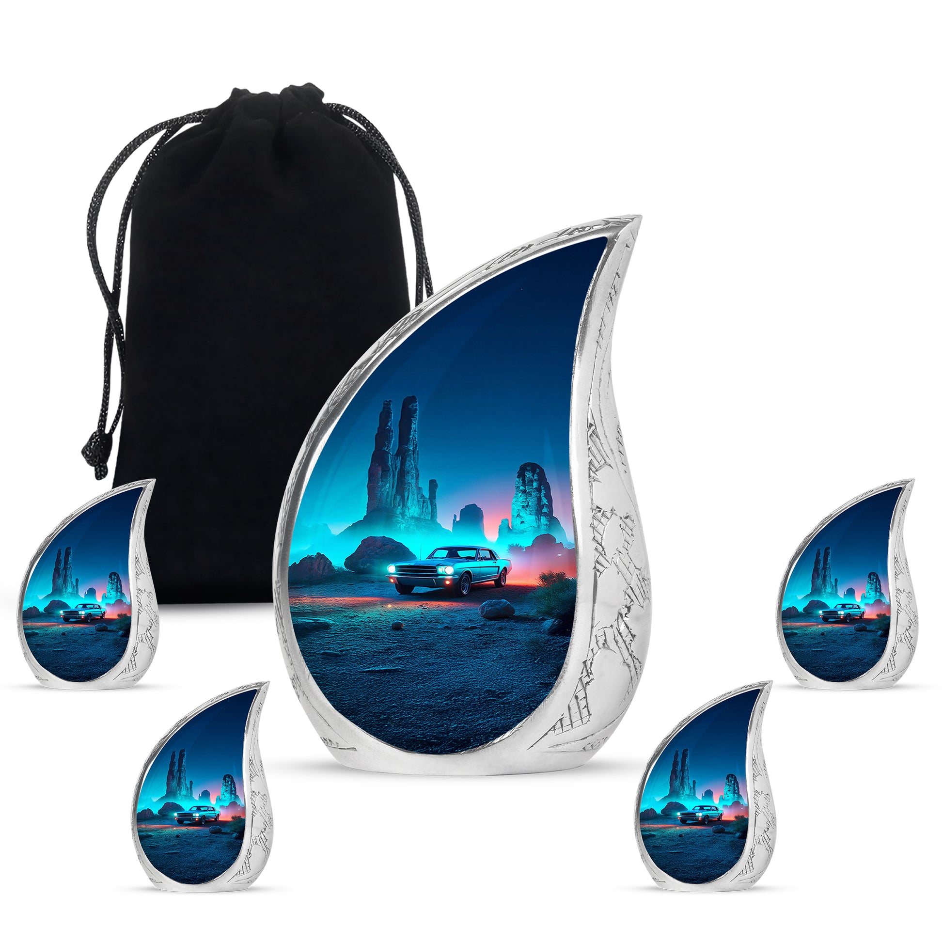 Misty Blue Car Cremation Urn side profile showing urn shape - flowing teardrop car silhouette on curved aluminum - memorial set with one large and four small urns