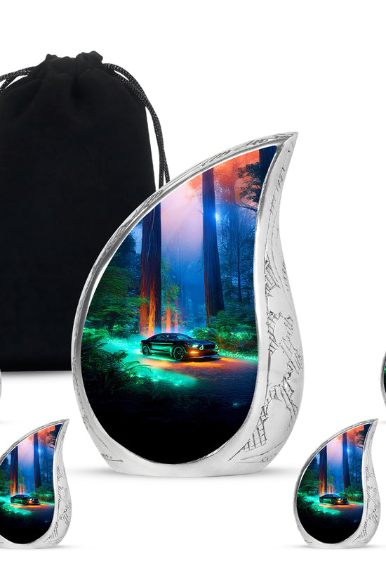 Icy Blue Car Cremation Urn side profile showing urn shape - rounded teardrop car design with delicate detail - memorial set with one large and four small urns