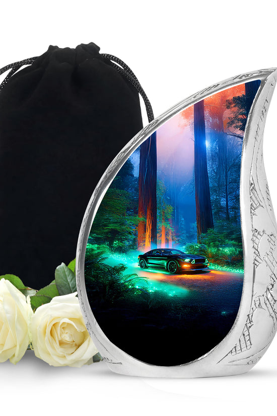 Cornflower Blue Car Cremation Urn front view showing detailed design - graceful tear-shaped urn with car motif - full-size 10 inch 200 cubic inch adult cremation urn