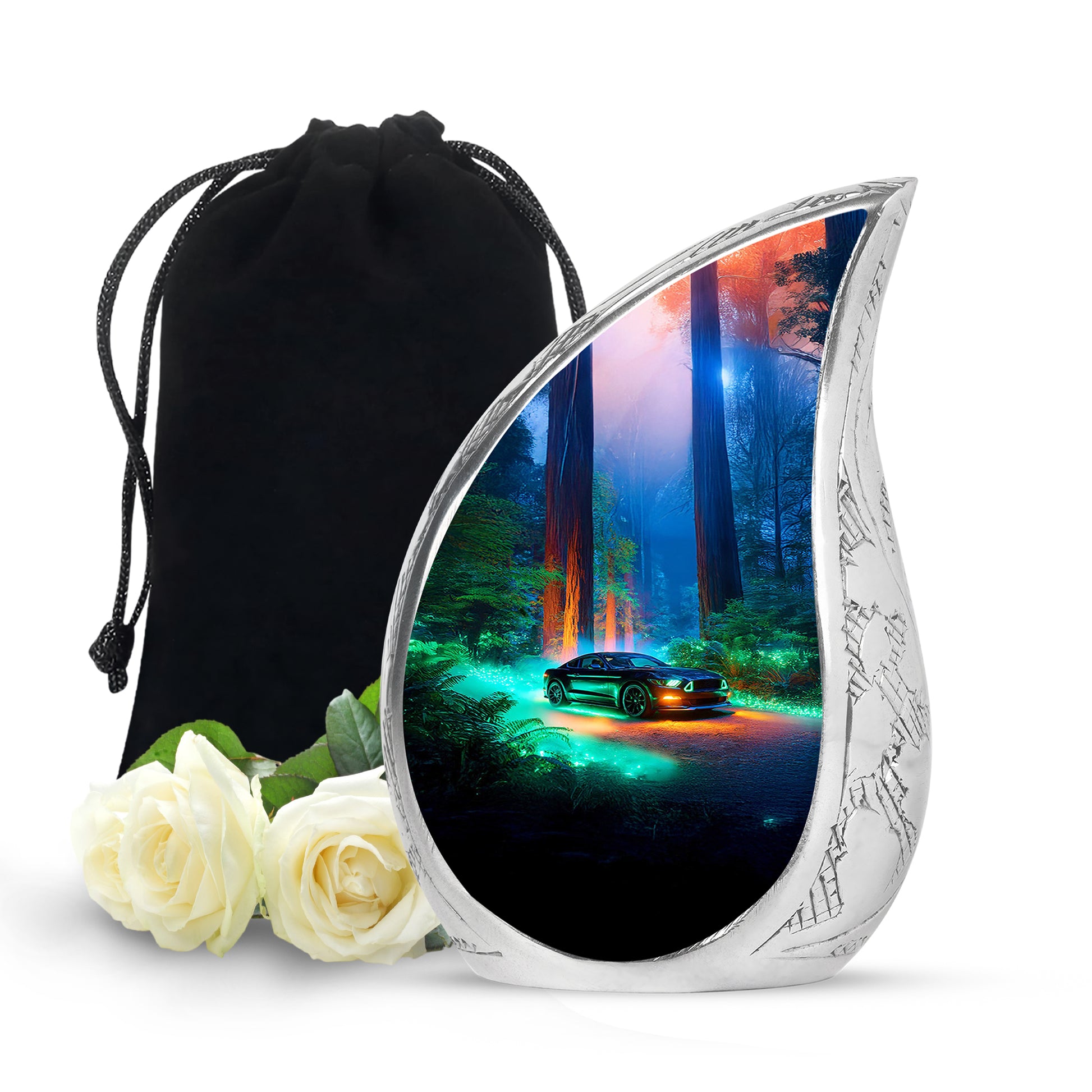 Cornflower Blue Car Cremation Urn front view showing detailed design - graceful tear-shaped urn with car motif - full-size 10 inch 200 cubic inch adult cremation urn
