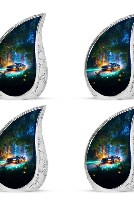Aqua Teal Car Cremation Urn close-up of engraving and surface detail - graceful tear-shaped urn with car motif - 10 inch aluminum urn for cremated remains