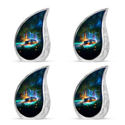 Aqua Teal Car Cremation Urn close-up of engraving and surface detail - graceful tear-shaped urn with car motif - 10 inch aluminum urn for cremated remains