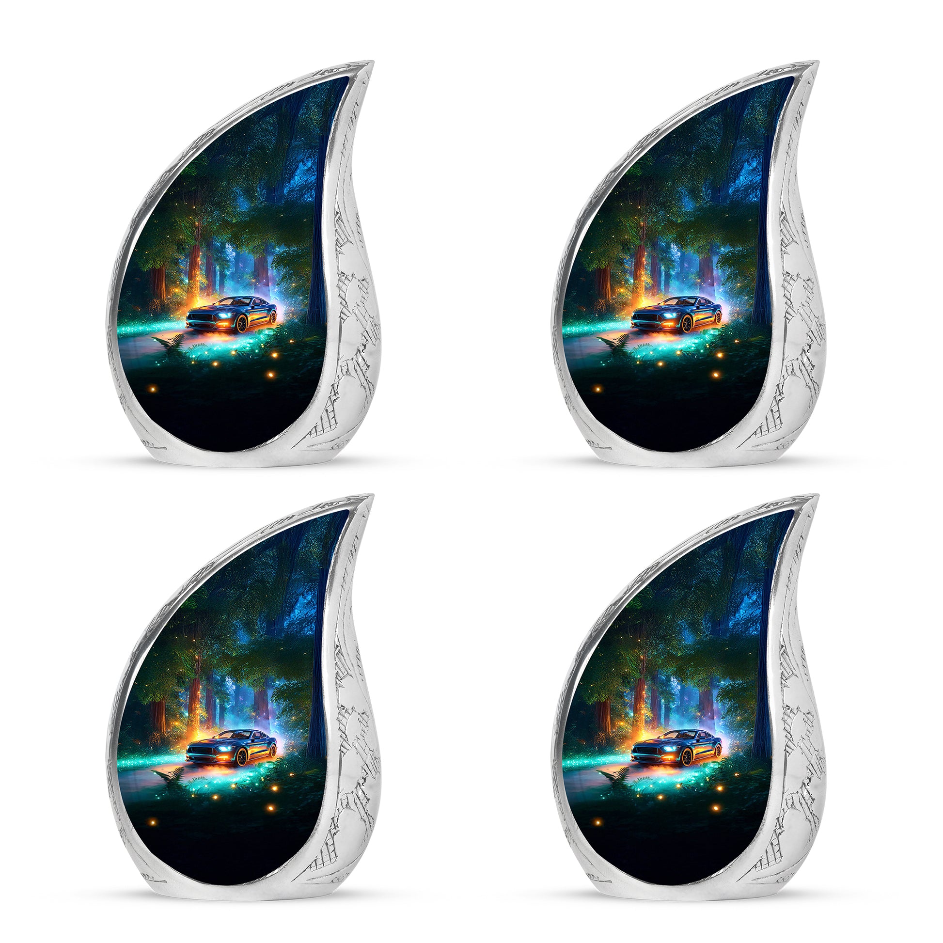 Aqua Teal Car Cremation Urn close-up of engraving and surface detail - graceful tear-shaped urn with car motif - 10 inch aluminum urn for cremated remains