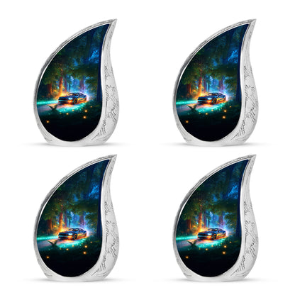 Aqua Teal Car Cremation Urn close-up of engraving and surface detail - graceful tear-shaped urn with car motif - 10 inch aluminum urn for cremated remains