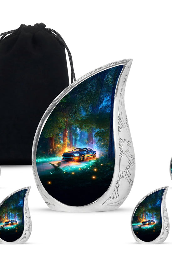 Deep Teal Car Cremation Urn side profile showing urn shape - graceful tear-shaped urn with car motif - memorial set with one large and four small urns