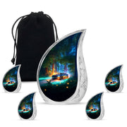 Deep Teal Car Cremation Urn side profile showing urn shape - graceful tear-shaped urn with car motif - memorial set with one large and four small urns