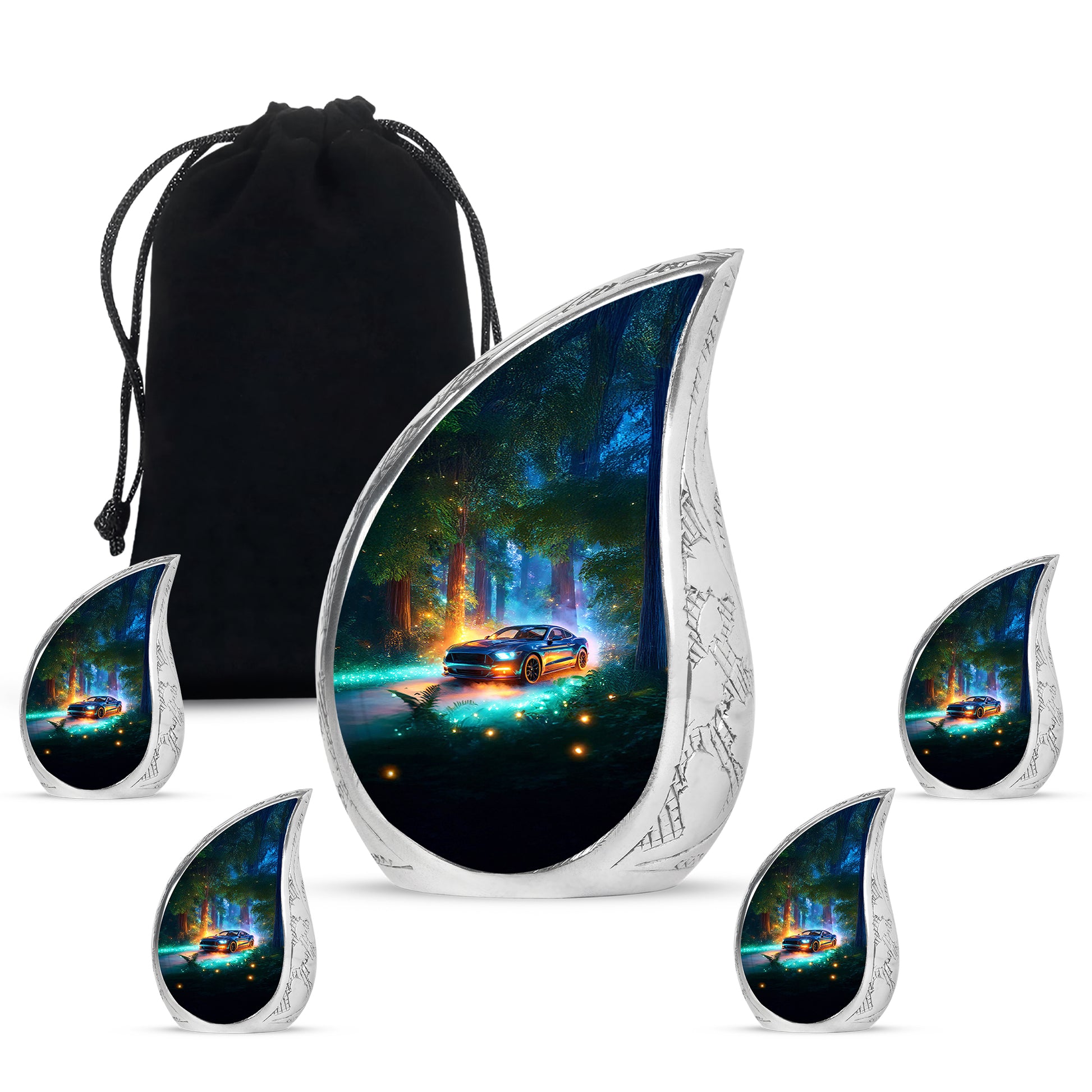 Deep Teal Car Cremation Urn side profile showing urn shape - graceful tear-shaped urn with car motif - memorial set with one large and four small urns