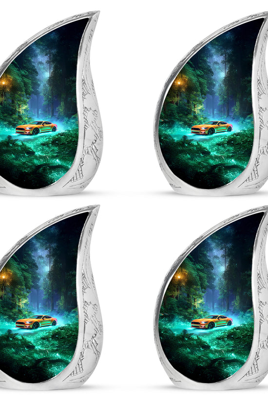 Ocean Teal Car Cremation Urn close-up of engraving and surface detail - flowing teardrop car silhouette on curved aluminum - 10 inch aluminum urn for cremated remains