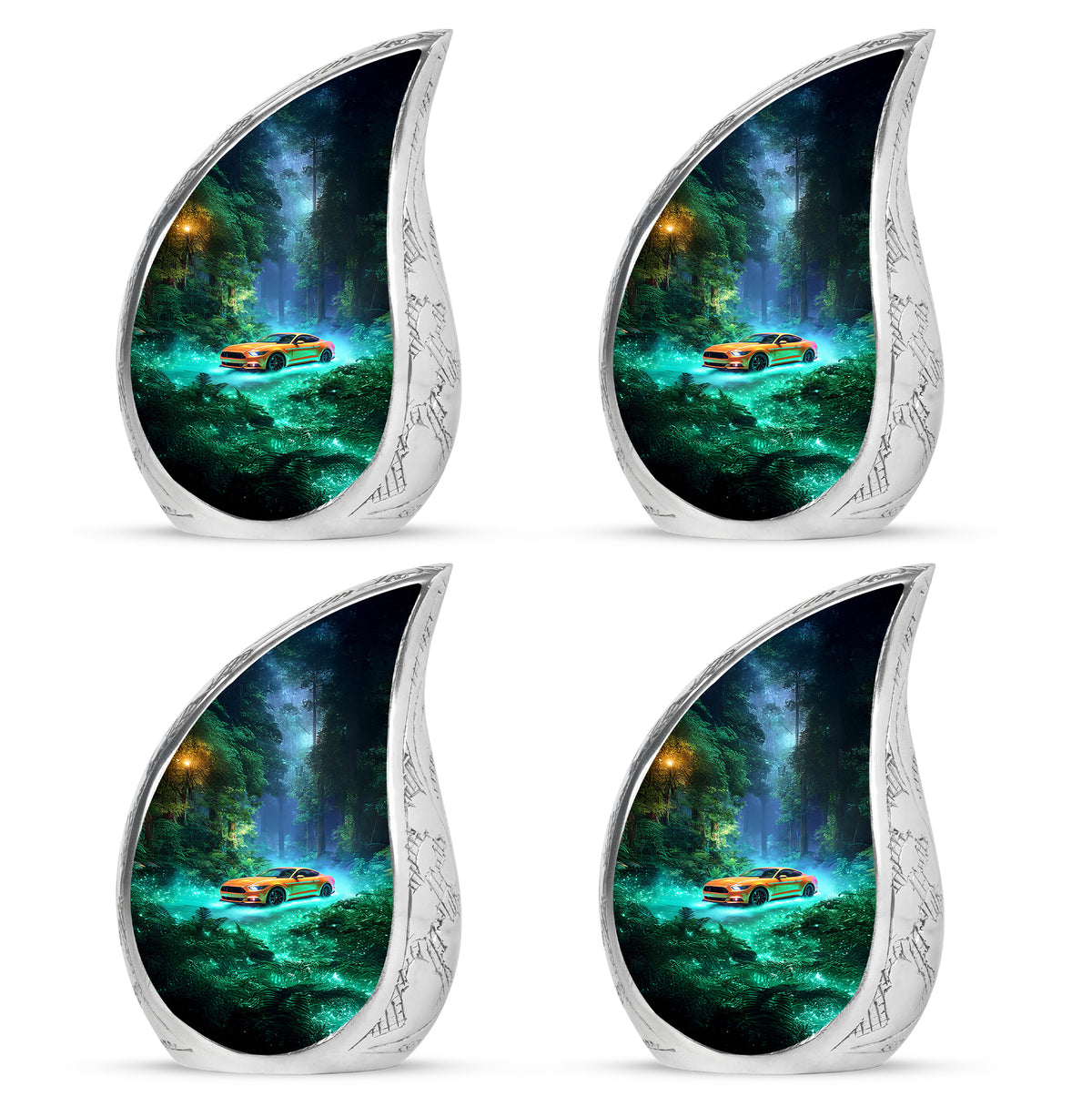 Ocean Teal Car Cremation Urn close-up of engraving and surface detail - flowing teardrop car silhouette on curved aluminum - 10 inch aluminum urn for cremated remains