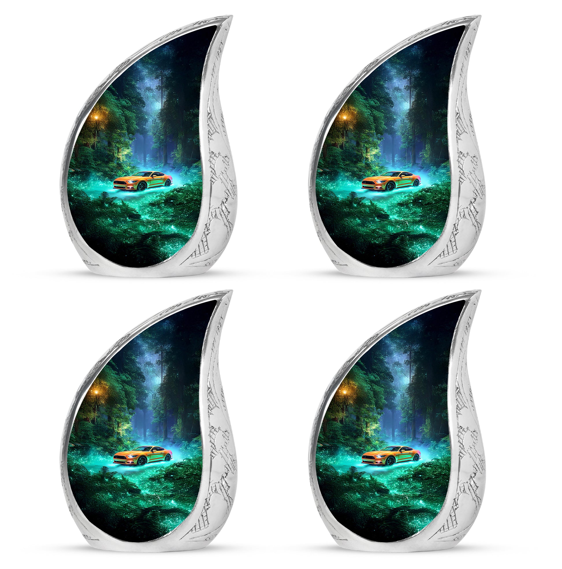Ocean Teal Car Cremation Urn close-up of engraving and surface detail - flowing teardrop car silhouette on curved aluminum - 10 inch aluminum urn for cremated remains