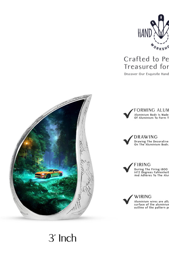 Cool Teal Car Cremation Urn angled view of lid and engraved motif - flowing teardrop car silhouette on curved aluminum - mini keepsake memorial for portion of cremation ashes