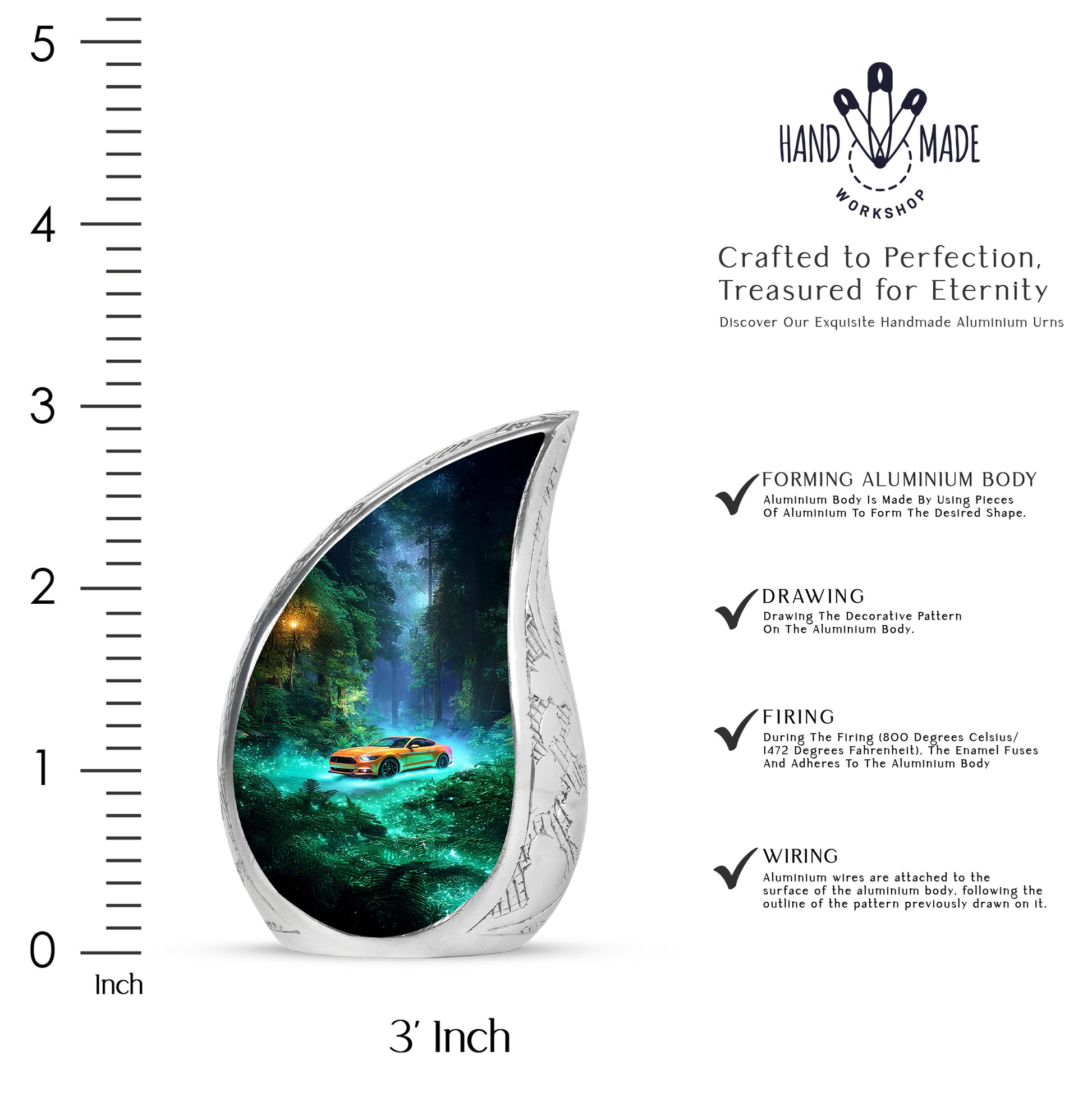 Cool Teal Car Cremation Urn angled view of lid and engraved motif - flowing teardrop car silhouette on curved aluminum - mini keepsake memorial for portion of cremation ashes
