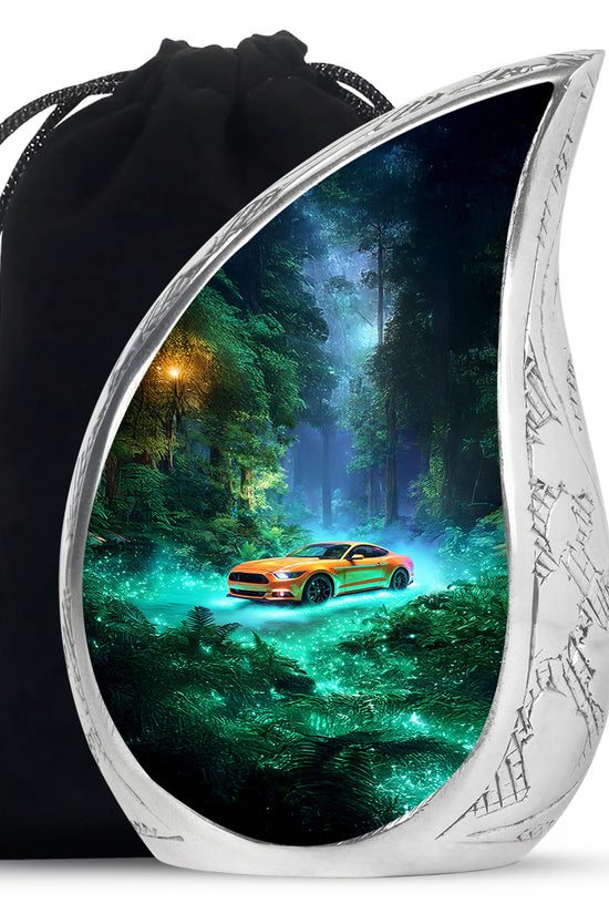 Jewel Teal Car Cremation Urn front view showing detailed design - flowing teardrop car silhouette on curved aluminum - full-size 10 inch 200 cubic inch adult cremation urn
