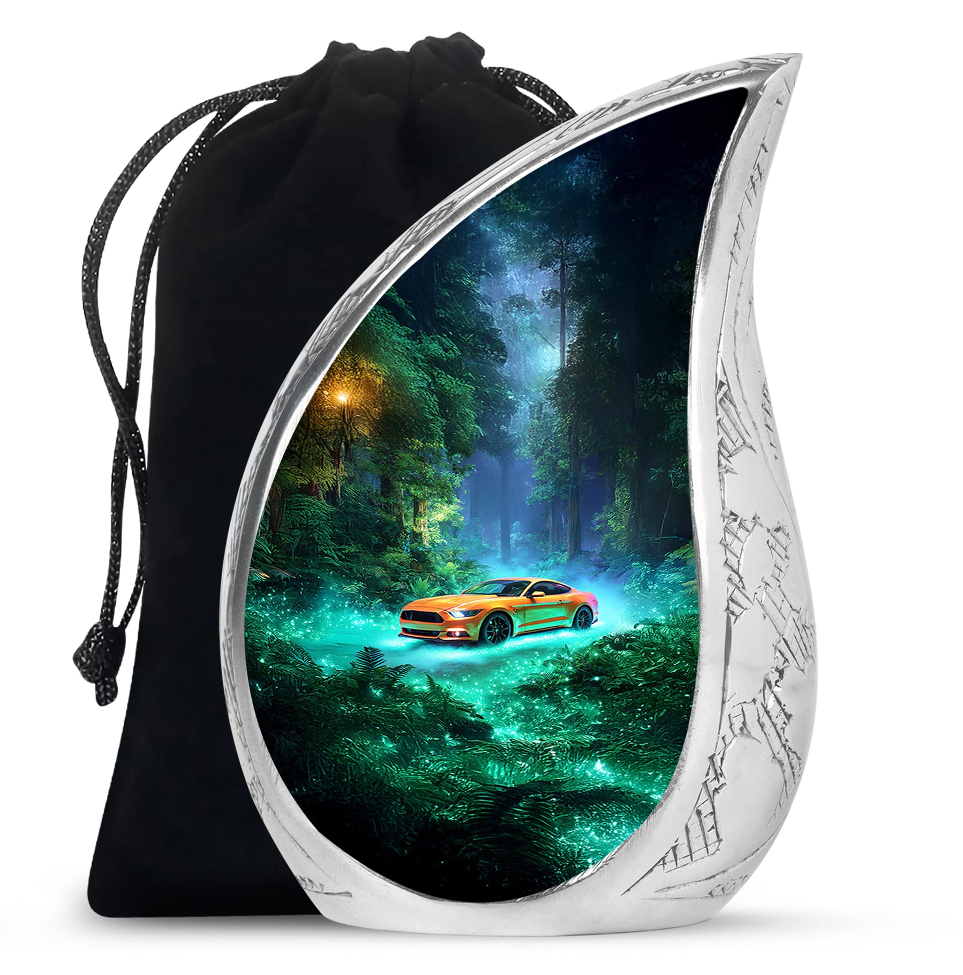 Jewel Teal Car Cremation Urn front view showing detailed design - flowing teardrop car silhouette on curved aluminum - full-size 10 inch 200 cubic inch adult cremation urn