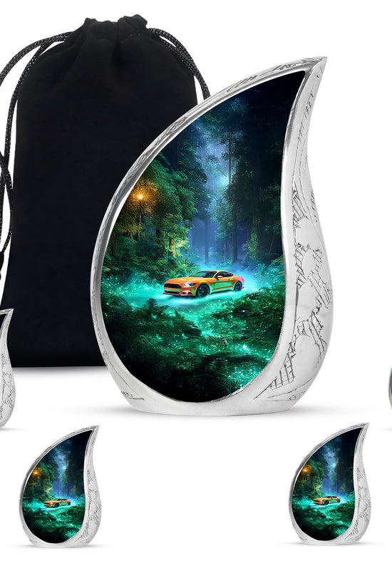 Tropical Teal Car Cremation Urn side profile showing urn shape - graceful tear-shaped urn with car motif - memorial set with one large and four small urns