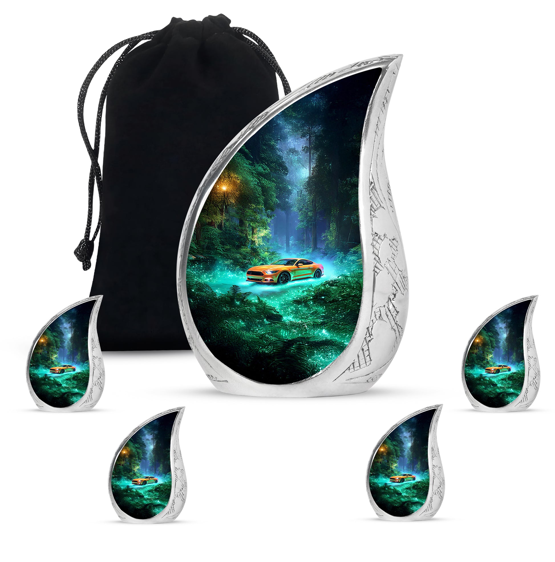 Tropical Teal Car Cremation Urn side profile showing urn shape - graceful tear-shaped urn with car motif - memorial set with one large and four small urns