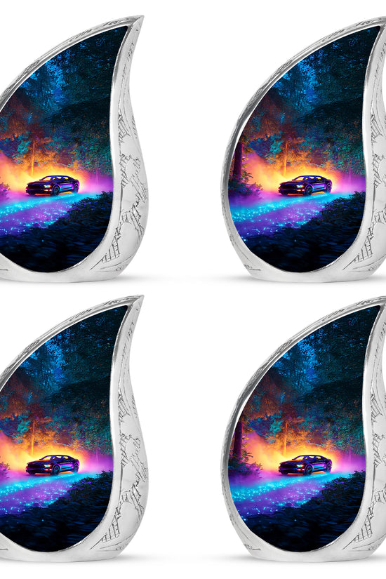 Twilight Blue Car Cremation Urn close-up of engraving and surface detail - smooth teardrop contour featuring car art - 10 inch aluminum urn for cremated remains