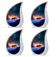 Twilight Blue Car Cremation Urn close-up of engraving and surface detail - smooth teardrop contour featuring car art - 10 inch aluminum urn for cremated remains