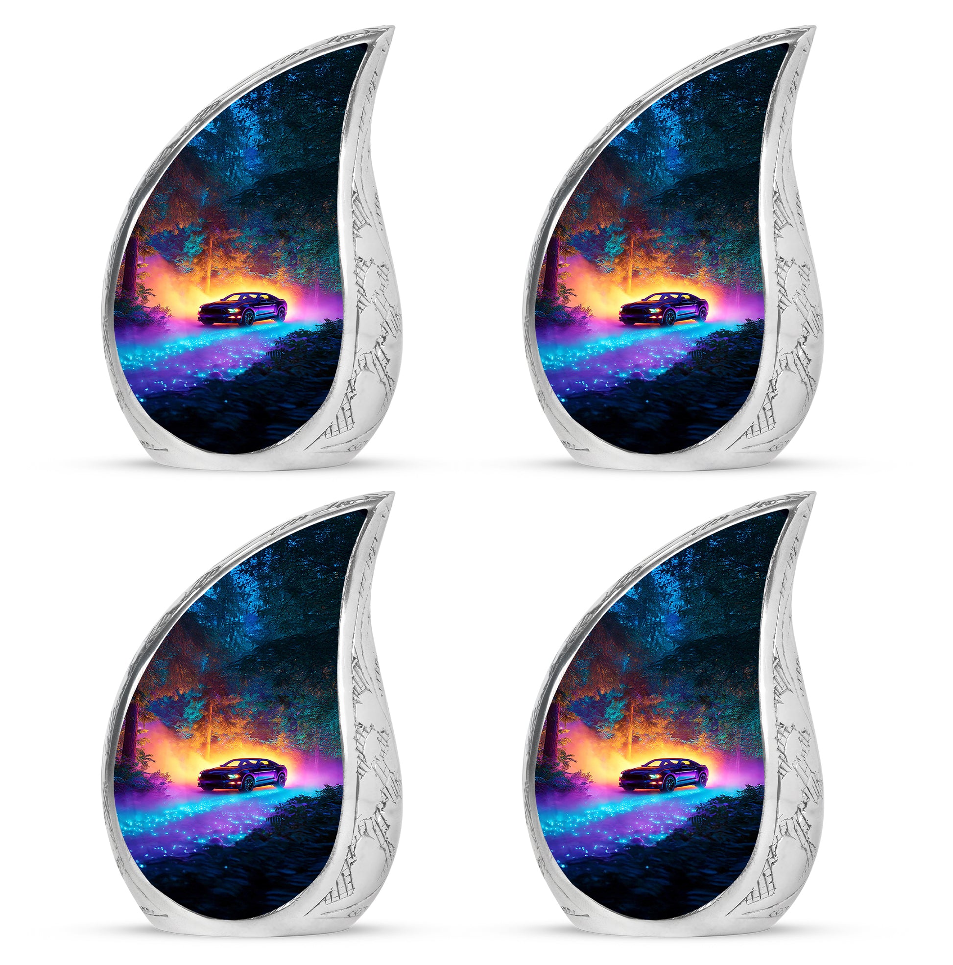 Twilight Blue Car Cremation Urn close-up of engraving and surface detail - smooth teardrop contour featuring car art - 10 inch aluminum urn for cremated remains