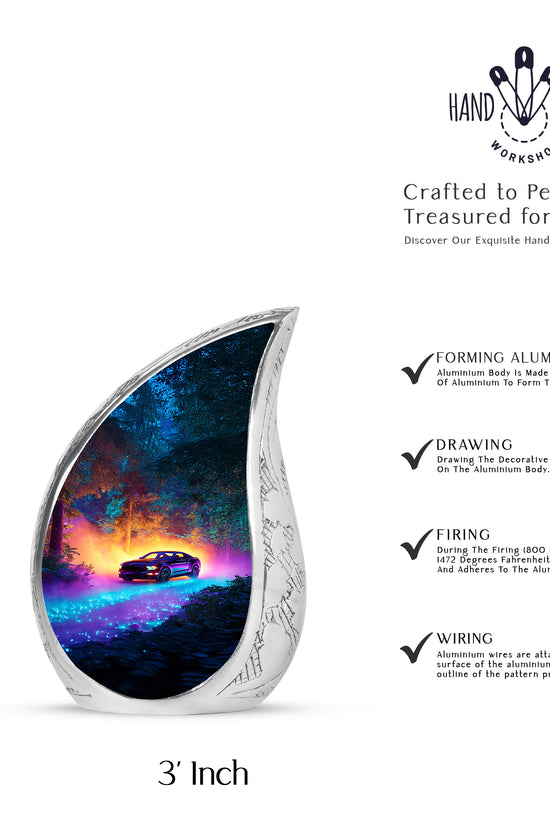Vivid Blue Car Cremation Urn angled view of lid and engraved motif - smooth teardrop contour featuring car art - mini keepsake memorial for portion of cremation ashes