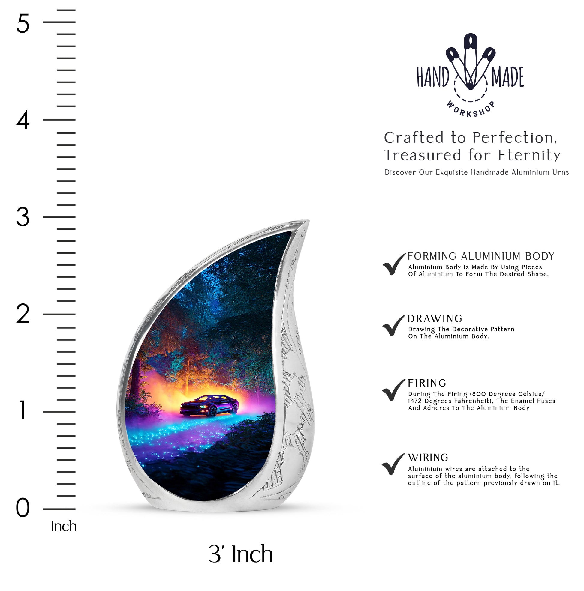Vivid Blue Car Cremation Urn angled view of lid and engraved motif - smooth teardrop contour featuring car art - mini keepsake memorial for portion of cremation ashes