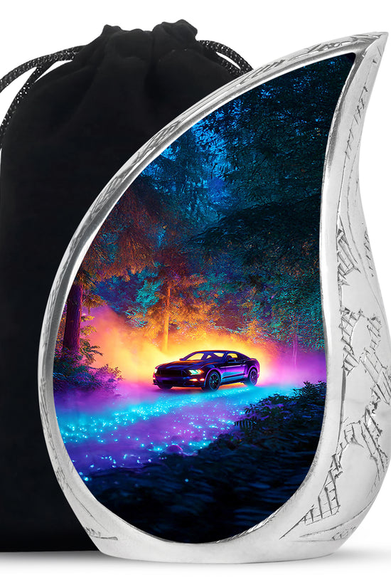 Cornflower Blue Car Cremation Urn front view showing detailed design - smooth teardrop contour featuring car art - full-size 10 inch 200 cubic inch adult cremation urn