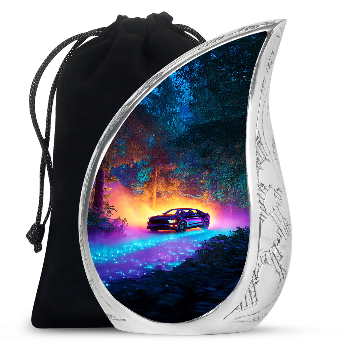 Cornflower Blue Car Cremation Urn front view showing detailed design - smooth teardrop contour featuring car art - full-size 10 inch 200 cubic inch adult cremation urn