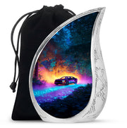 Cornflower Blue Car Cremation Urn front view showing detailed design - smooth teardrop contour featuring car art - full-size 10 inch 200 cubic inch adult cremation urn