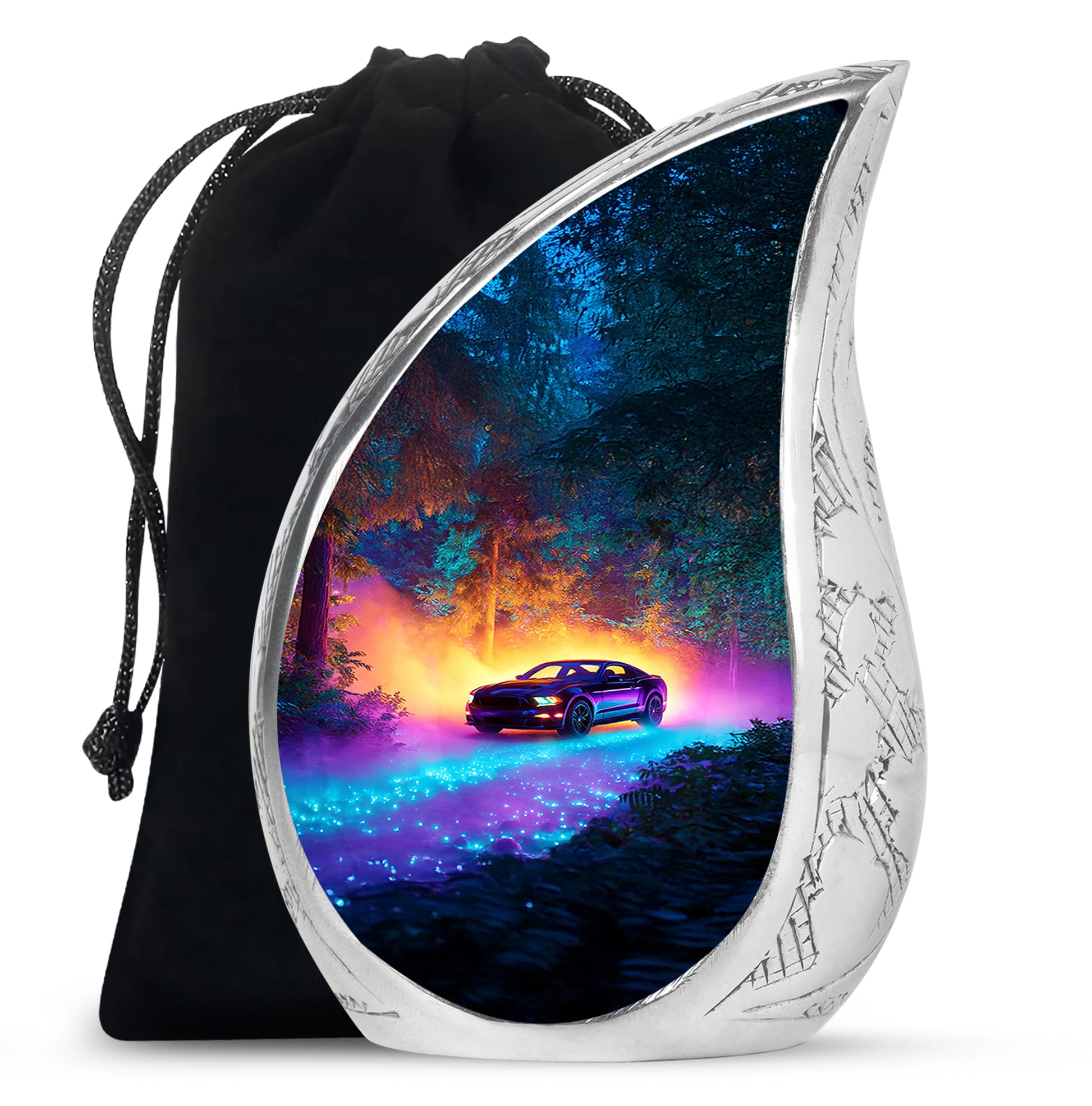 Cornflower Blue Car Cremation Urn front view showing detailed design - smooth teardrop contour featuring car art - full-size 10 inch 200 cubic inch adult cremation urn